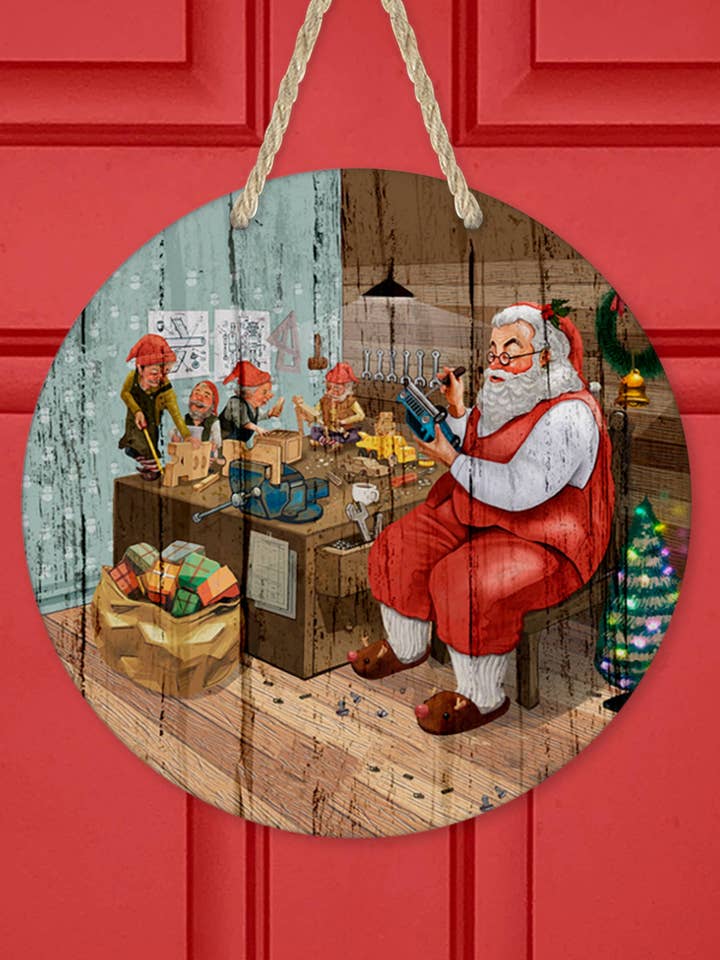 Santa Workshop Christmas Door Hanger Holiday Wall Decor for wholesale by Cali Boutique Wholesale