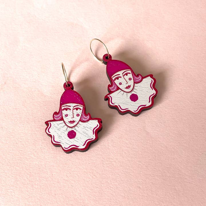 Wooden Charm Earrings:Pierrot Clown/Gold Filled Hoops and other Purchase wholesale clown noses. Free returns & net 60 terms on Faire trending on Faire.