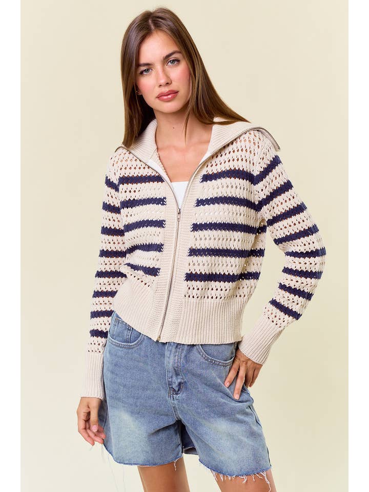 HAFER Gestreifte Pointelle-Pulloverjacke mit Reißverschluss und offener Strickjacke - 10615J-1 für den Großhandel auf Faire2