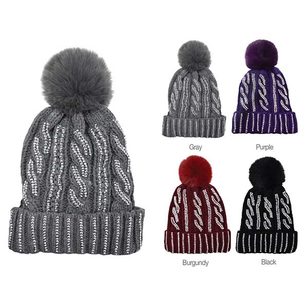 Majestic Wholesale - Wholesale Beanie - Women's - Pom Pom Winter Hat w/ Stones – 12pk Assorted Colors0