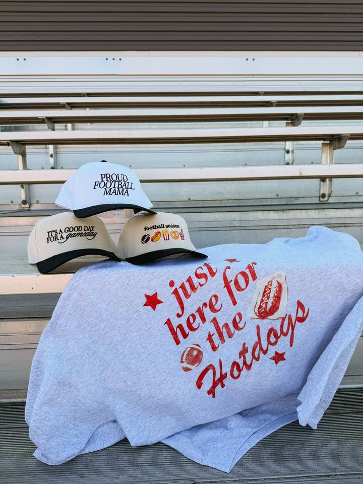 here for the hotdogs sweatshirt - hanes / ash / red for wholesale by ETTA & EAST