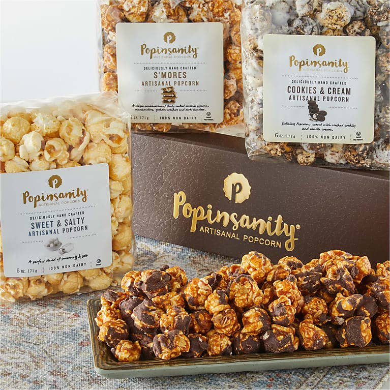 Popinsanity Popcorn & Confections – wholesale Popcorn – Gourmet Popcorn Holiday Gift Box | 4 Popular Vegan Flavors3