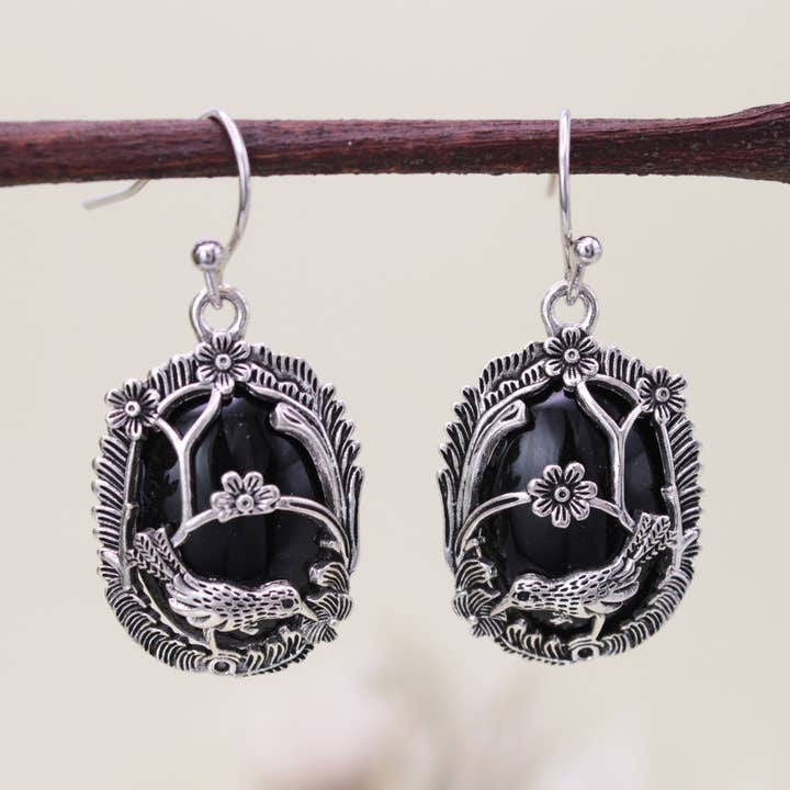 Silver Blossom Bird Black Cameo Earrings for wholesale by ZAD