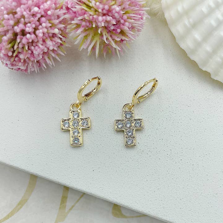Zircon Cross Huggie Earrings for wholesale by Cherie by Cherie