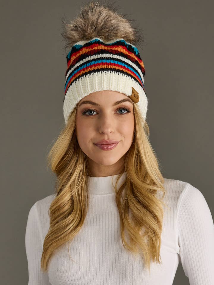 Ivory & Colorful Patterned Pom Hat for wholesale by Panache Apparel Co.