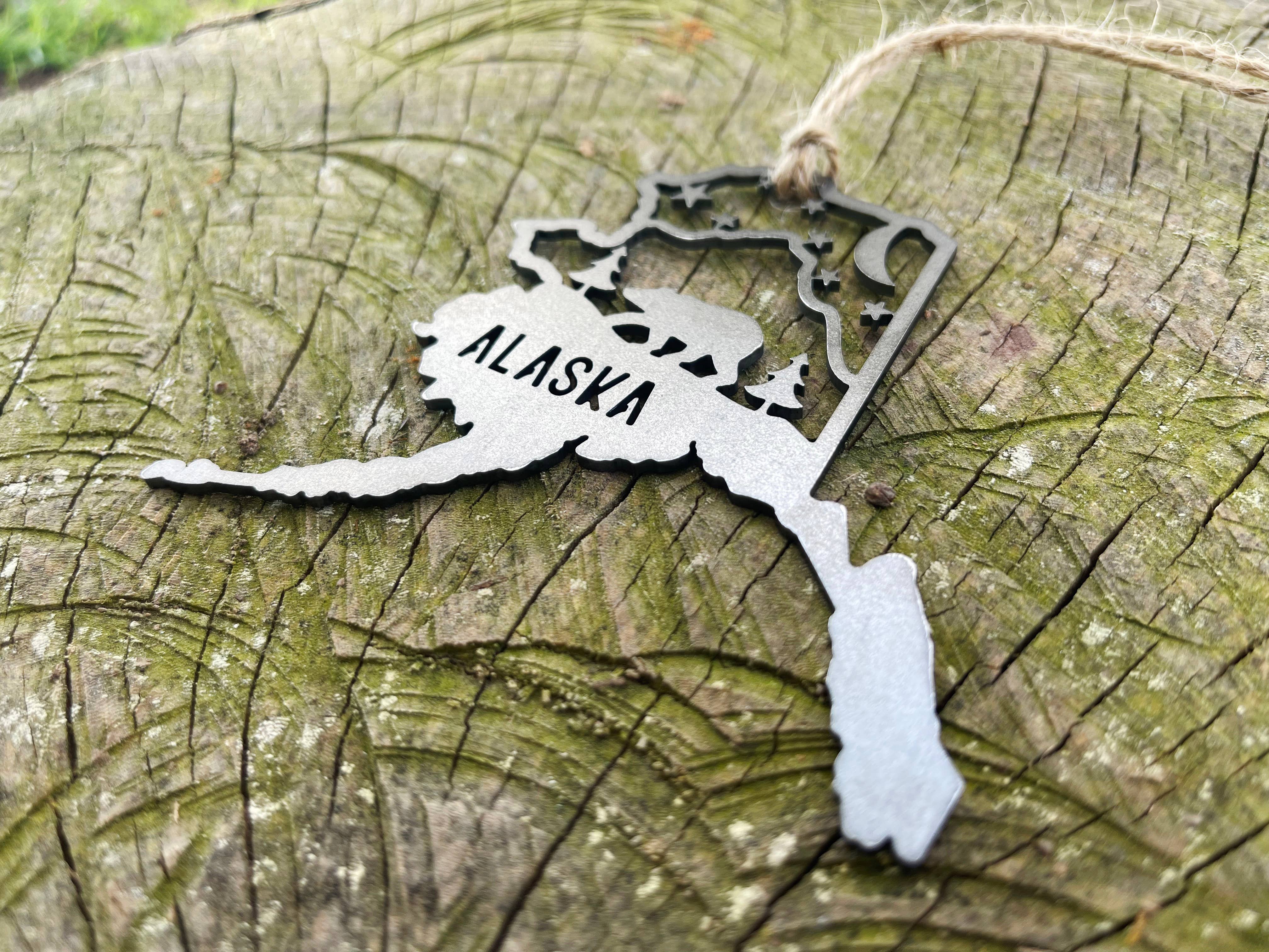 BE Creations & Designs, Inc. - Wholesale Ornament - Alaska State Bear Scene Raw Steel Ornament made in USA *NEW4