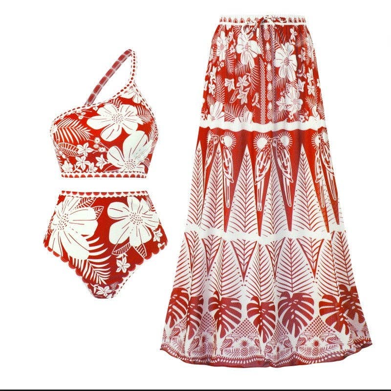 FurDecoration - Wholesale Two Piece Swimsuit - Women's - Printed Mesh One Shoulder Bikini Set - 3 Pieces7