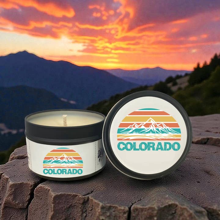 CO Sunset Retro Souvenir Gift Soy Wax Candle Tin for wholesale by Clever Cow Candle Co
