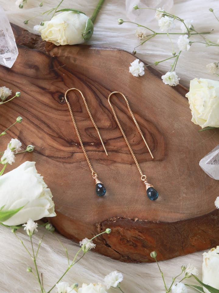 London Blue Topaz Goldfilled Ear Threaders for wholesale by Malabella Jewels