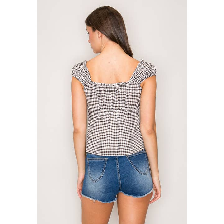 Popular 21 - Wholesale Knit Top - Women's - Gingham Babydoll Top with Square Neck and Tie