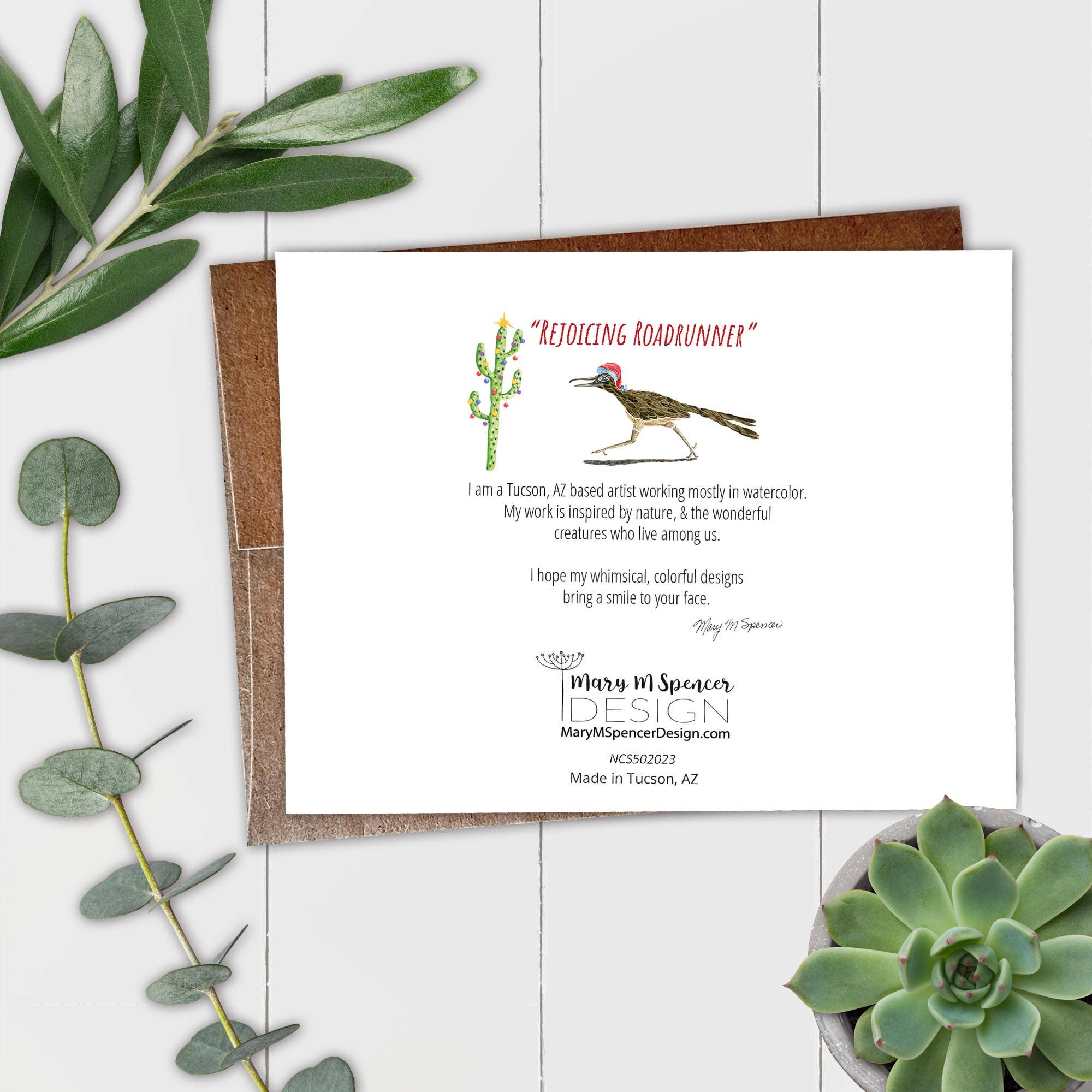 Mary M Spencer Design - Wholesale Christmas Card - Roadrunner in a Red Hat Christmas Blank A2 Single Note Card1