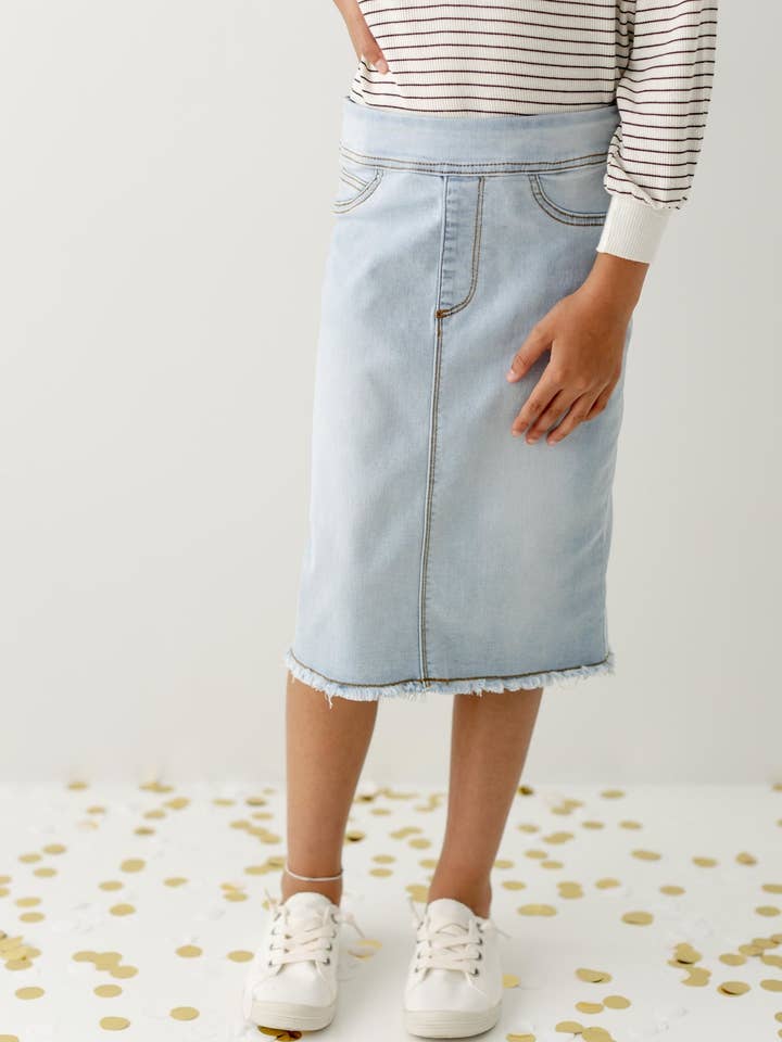 'Sara' Girl Classic Denim Skirt in Light Wash for wholesale by The Main Street Exchange