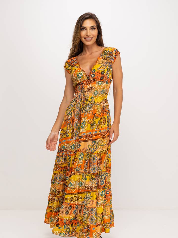 Printet lang kjole med brede stropper og V-hals LI9431V for engroshandel hos Peace & Love (CALAO IMPORT EXPORT S.L.)