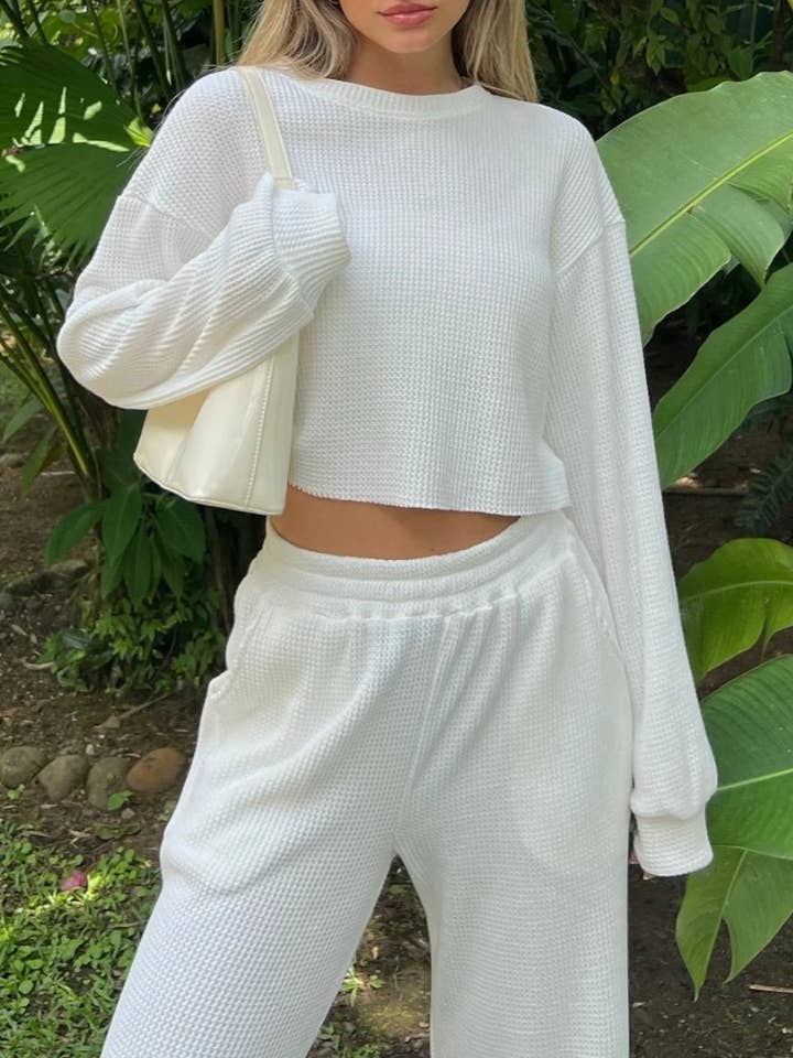 HIDDENBRAND - Wholesale Lounge Set - Women's - Waffle crop long sleeve top wide leg pant two piece set23