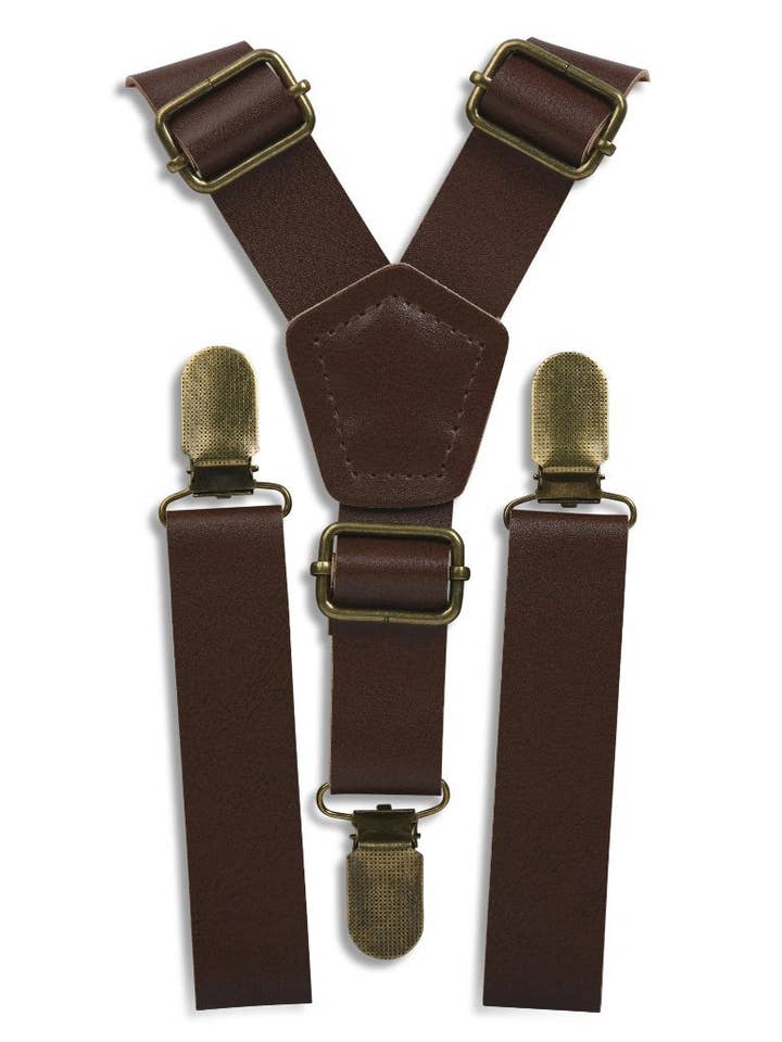 Coffee Brown Faux Leather Suspenders for wholesale by London Jae Apparel