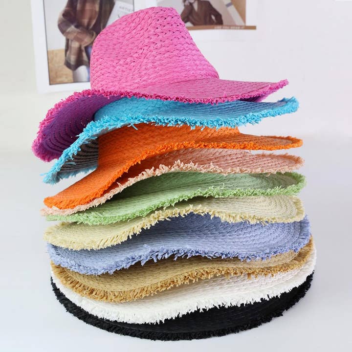Chapeau de soleil en paille unie effiloché pour femmes - Assorti pour la vente par HALLEE