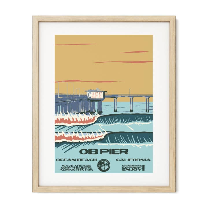O.B. Pier WPA Surf Poster | Vintage Ocean Beach Art Print for wholesale by WAVE ARCADE