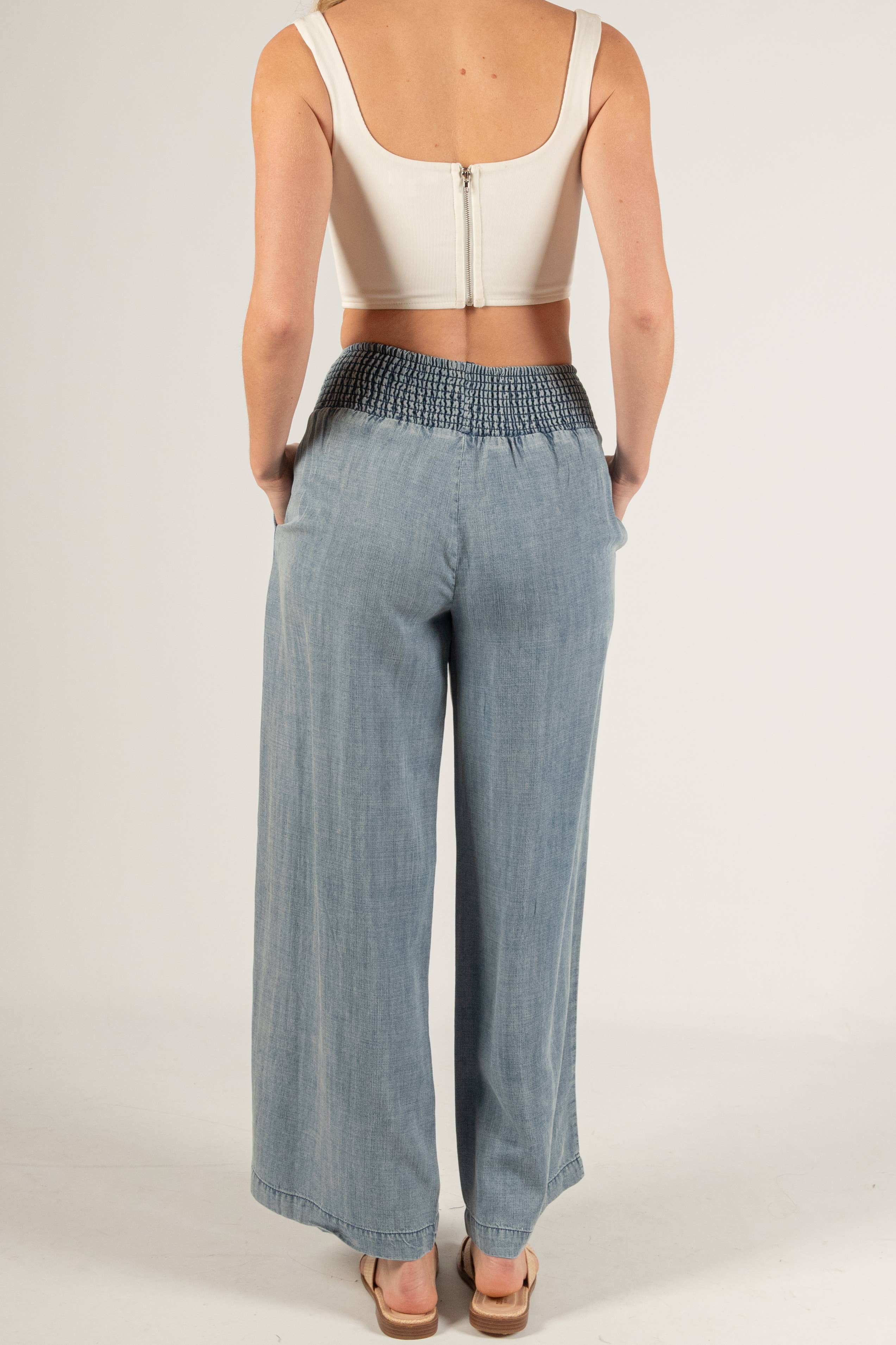 Medium Wash Tencel Wide Leg Pants with Smocked Waist for wholesale on Faire5