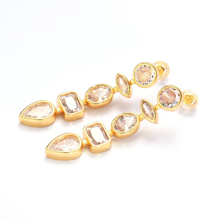 Simply Jewels - Wholesale Dangle Earrings - Gold Clear CZ Geometric Drop Stud Earrings
