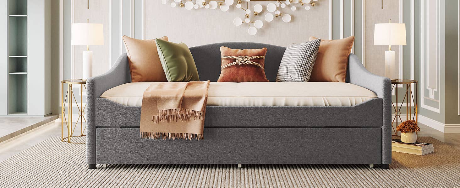 Gray Teddy Fleece Upholstered Daybed with Light and Trundle for wholesale on Faire13