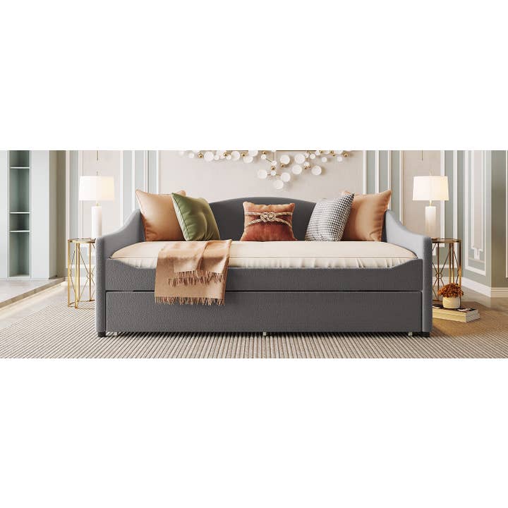 Gray Teddy Fleece Upholstered Daybed with Light and Trundle for wholesale on Faire13