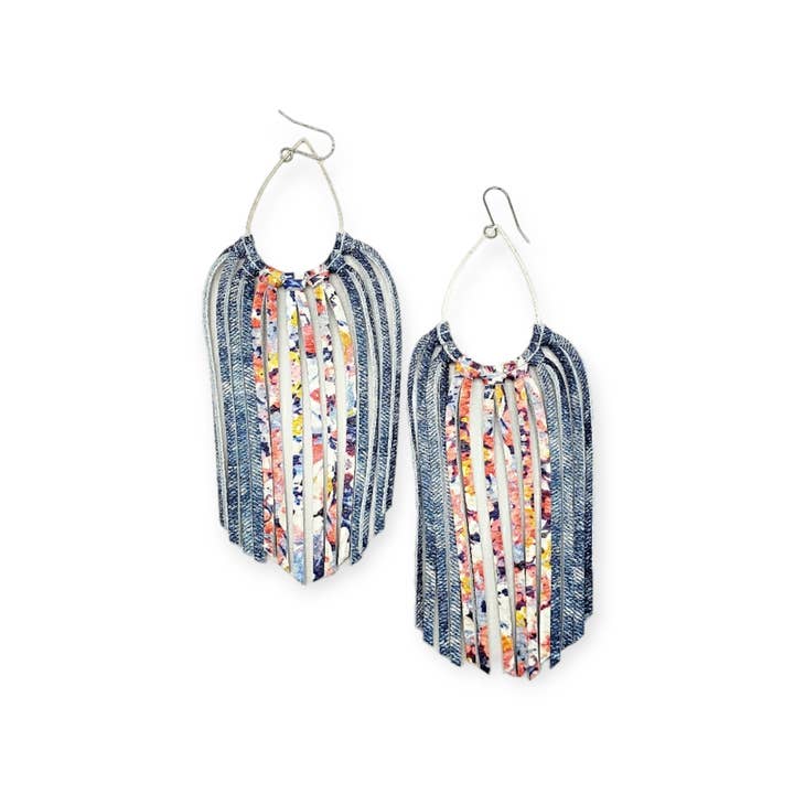 Floral and Denim Leather Fringe Earrings for wholesale by White Shed Creations