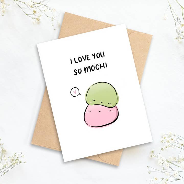 Grußkarte „I Love You So Mochi“ für den Großhandel von inkbymi