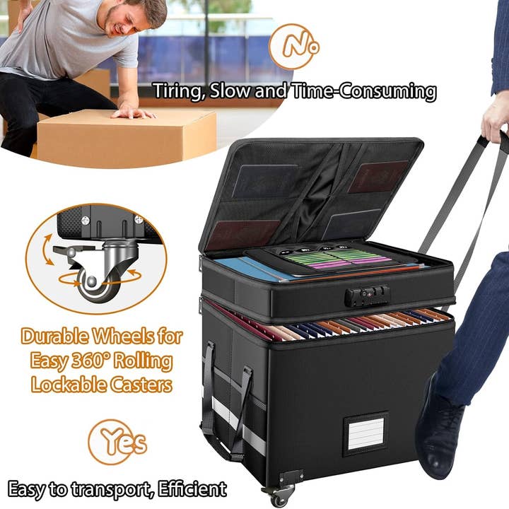 Black File Box with Lock, Multi-Layer Fireproof Document Box with Wheels,Collapsible Rolling File Storage Organizer Box with Pockets,Large Portable Home Office Filing Cabinet for Hanging Folders for wholesale on Faire
