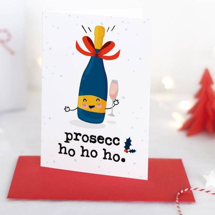 Prosecco Ho Ho - Funny Pun Christmas Card for wholesale by Mrs Best Paper Co.