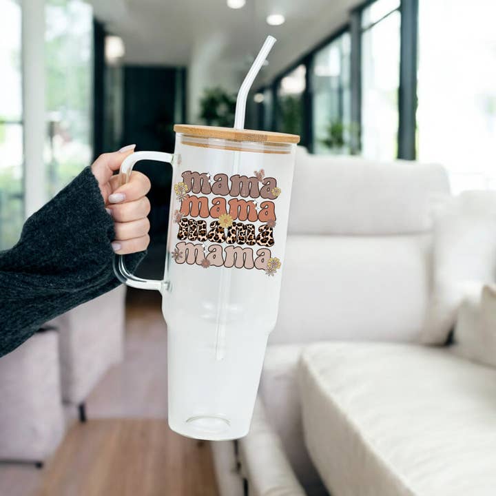 Retro Leopard Mama 40oz Glass or Plastic Tumbler With Lid and Straw for wholesale by Sip-Sip Hooray!