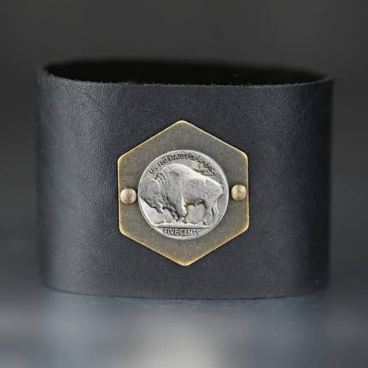 Unisex 2" Black Leather Cuff w/ Antique One of a Kind Coin for wholesale by KBD Studio