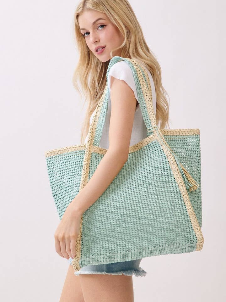 MB0338 Sac de plage en paille tressée bicolore pour la vente par MiMi Wholesale