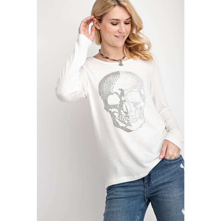 ROUND NECK SKULL RHINESTONE EMBELLISHED LONG SLEEVE KNIT TOP for wholesale by VOCAL