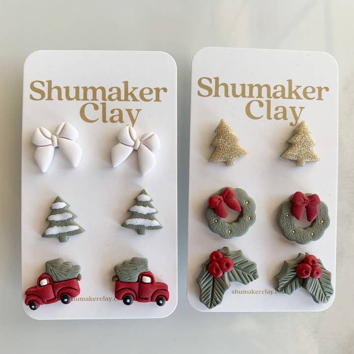 Shumaker Clay - Wholesale Jewellery set - Build Your Own Stud Pack: Christmas Stud Earrings/Holly/Gold