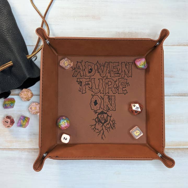 Adventure On D20 - Vegan Leather Dice Tray for wholesale by Pigsey Art