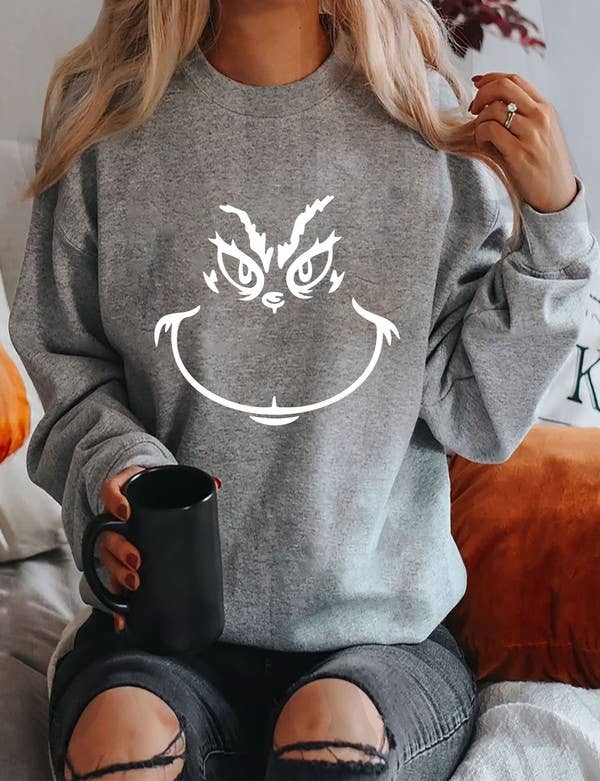 Top Avenue - Wholesale Graphic Sweatshirt - Women's - Grinch Face, Christmas, Unisex Crewneck Fleece Sweatshirts11