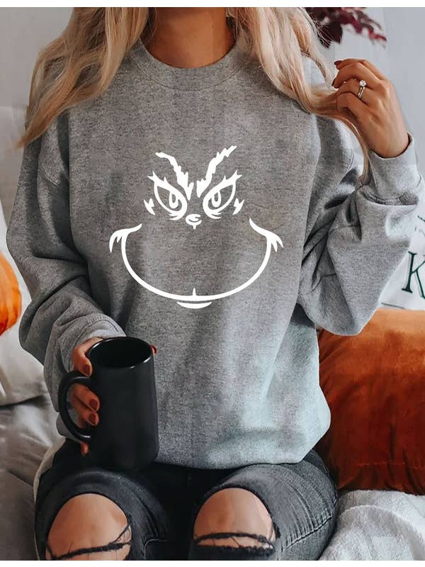 Top Avenue - Wholesale Graphic Sweatshirt - Women's - Grinch Face, Christmas, Unisex Crewneck Fleece Sweatshirts11