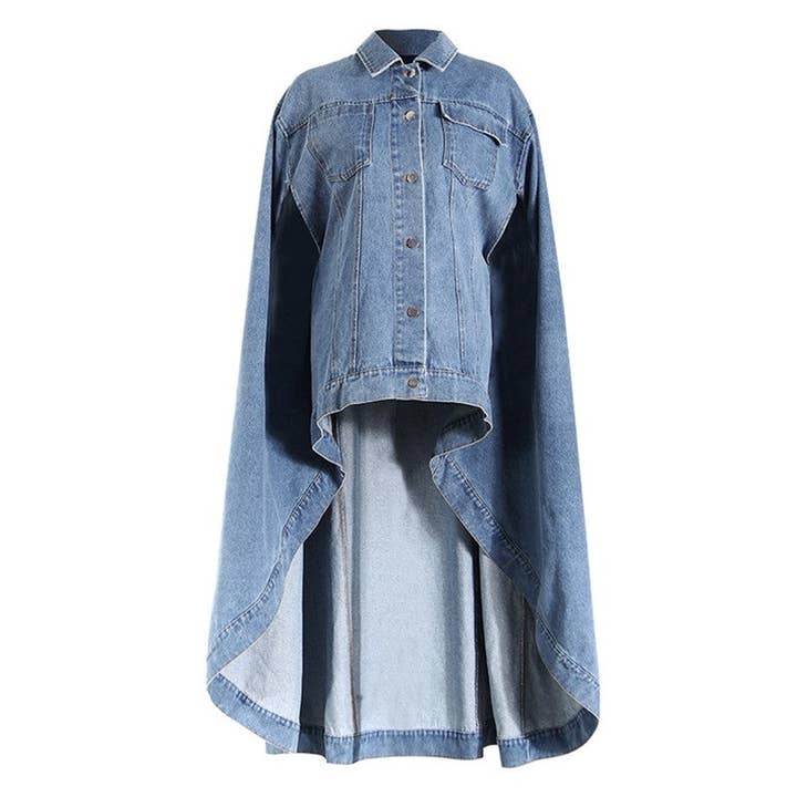 Casual Button Front Cape Style Denim Jacket for wholesale by FurDecoration