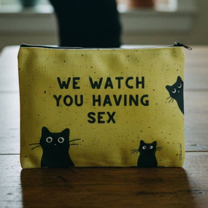 GetBullish We Watch You Having Sex Cats Canvas Zipper Pouch 9.5" x 7" | Cosmetics Bag or Pencil Case for wholesale by GetBullish