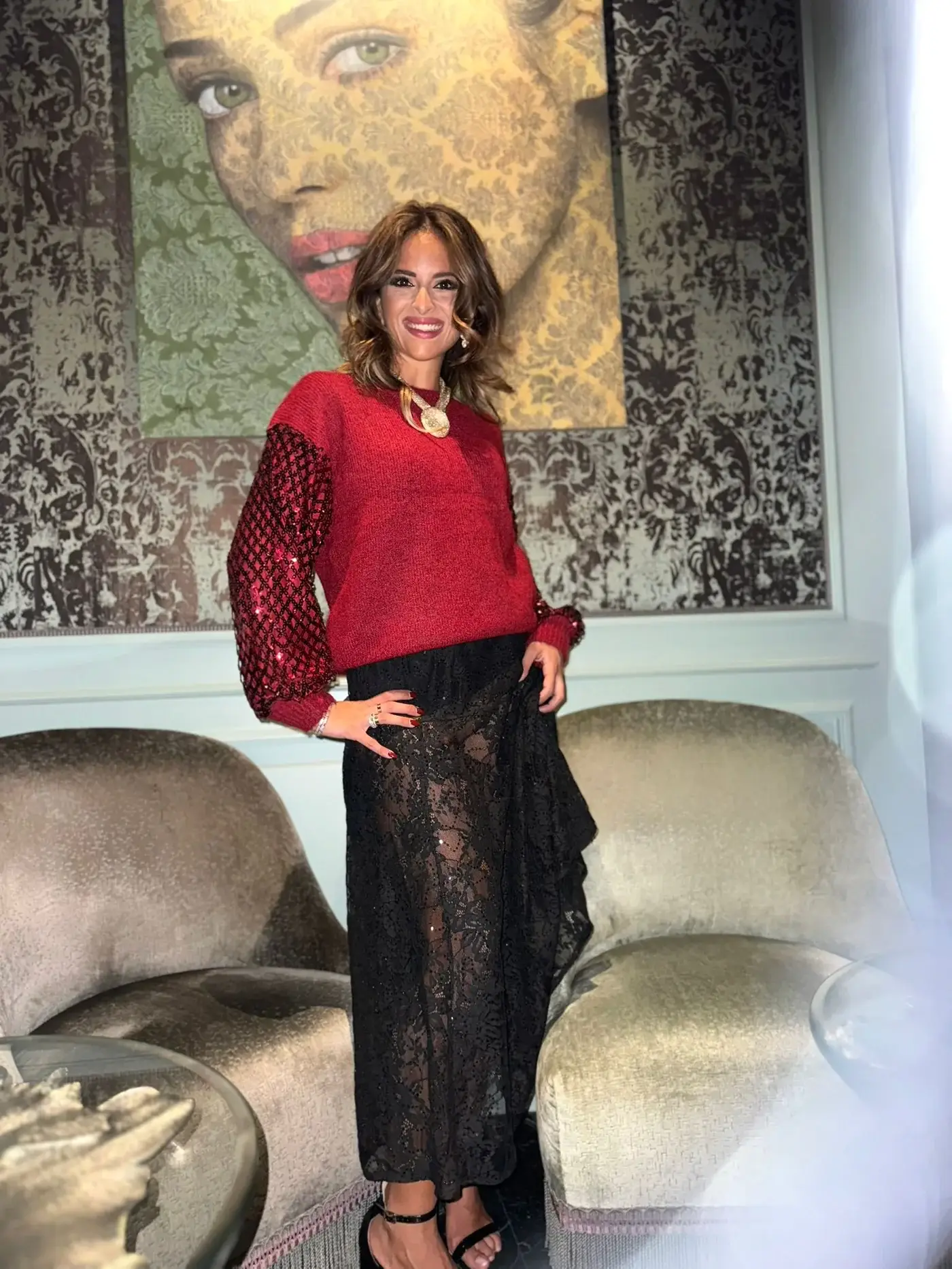 Red Round neck sweater with patched sequins sleeve for wholesale on Faire3