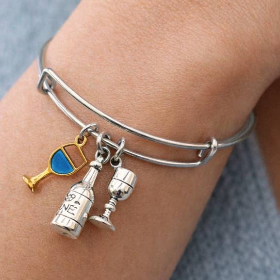 Wine Charm Bangle - Silver Tone - Adjustable for wholesale by EarthlieTreasures