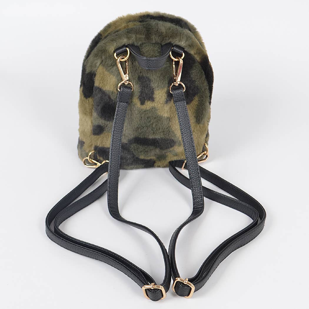 Olive Faux Fur Military-Inspired Backpack for wholesale on Faire3