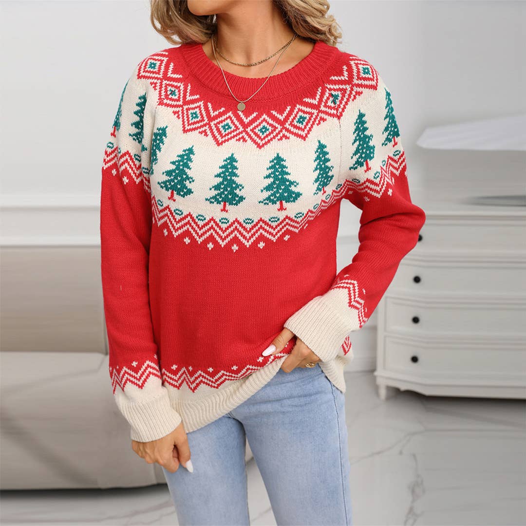 Vermelho Camisola de Malha Solta com Árvore de Natal Jacquard JYYS271 para venda a revendedores na Faire3