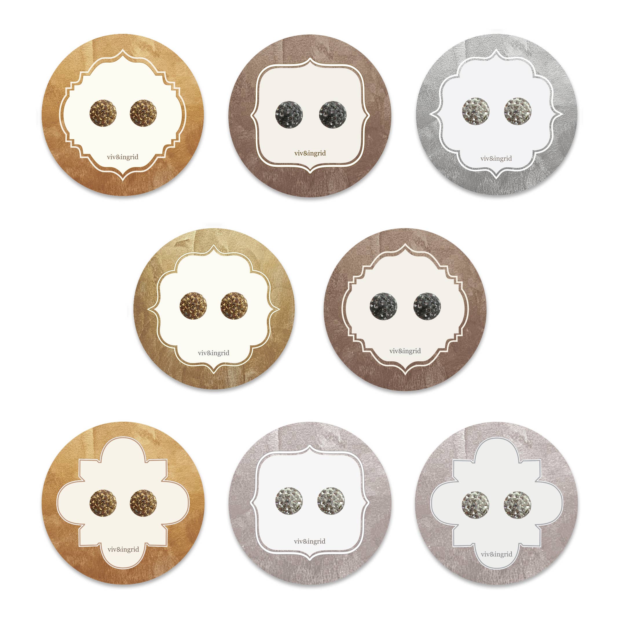 Viv & Ingrid - Wholesale Stud/Post Earrings - Set of 10 8mm Glitterball Posts on Metallic Circle Cards1