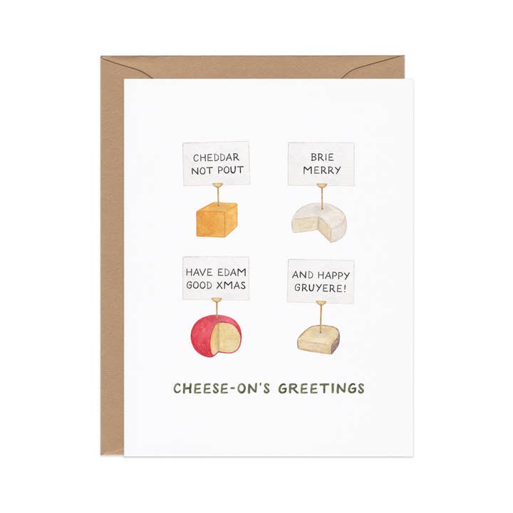 Amy Zhang - Wholesale Christmas Card - Cheese-on's Greetings — Food Pun Christmas Card1