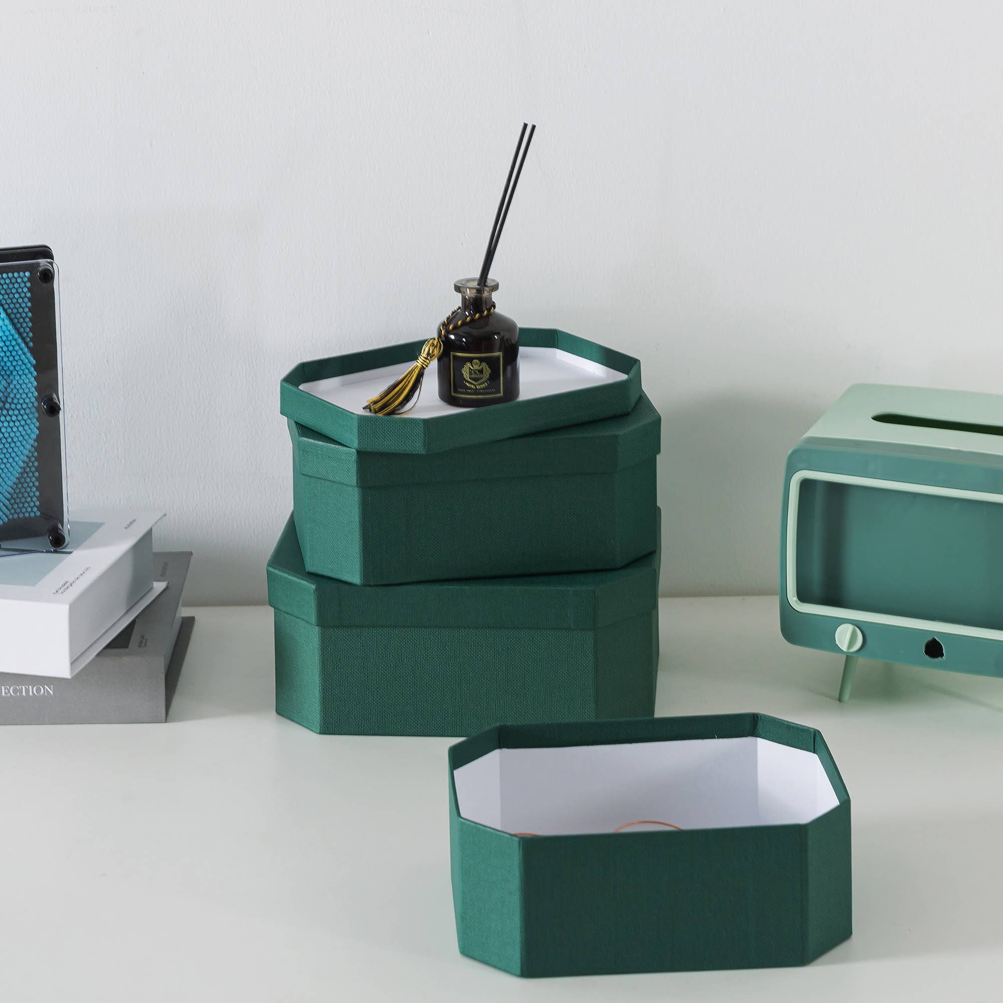 Soul & Lane - Wholesale Decorative Box - Set of 3 Forest Green Octagon Textured Decorative Boxes3