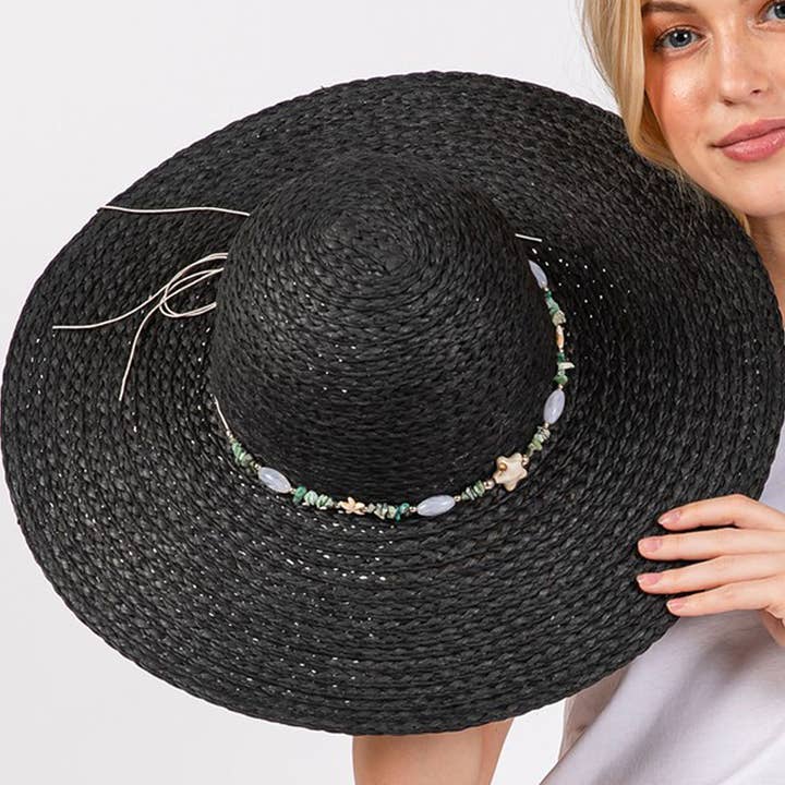 3AM BY H&D ACCESSORIES - Wholesale Straw Hat - Women's - WIDE BRIM FLOPPY SUN HAT WITH TURQUOISE STONE AND STARFISH