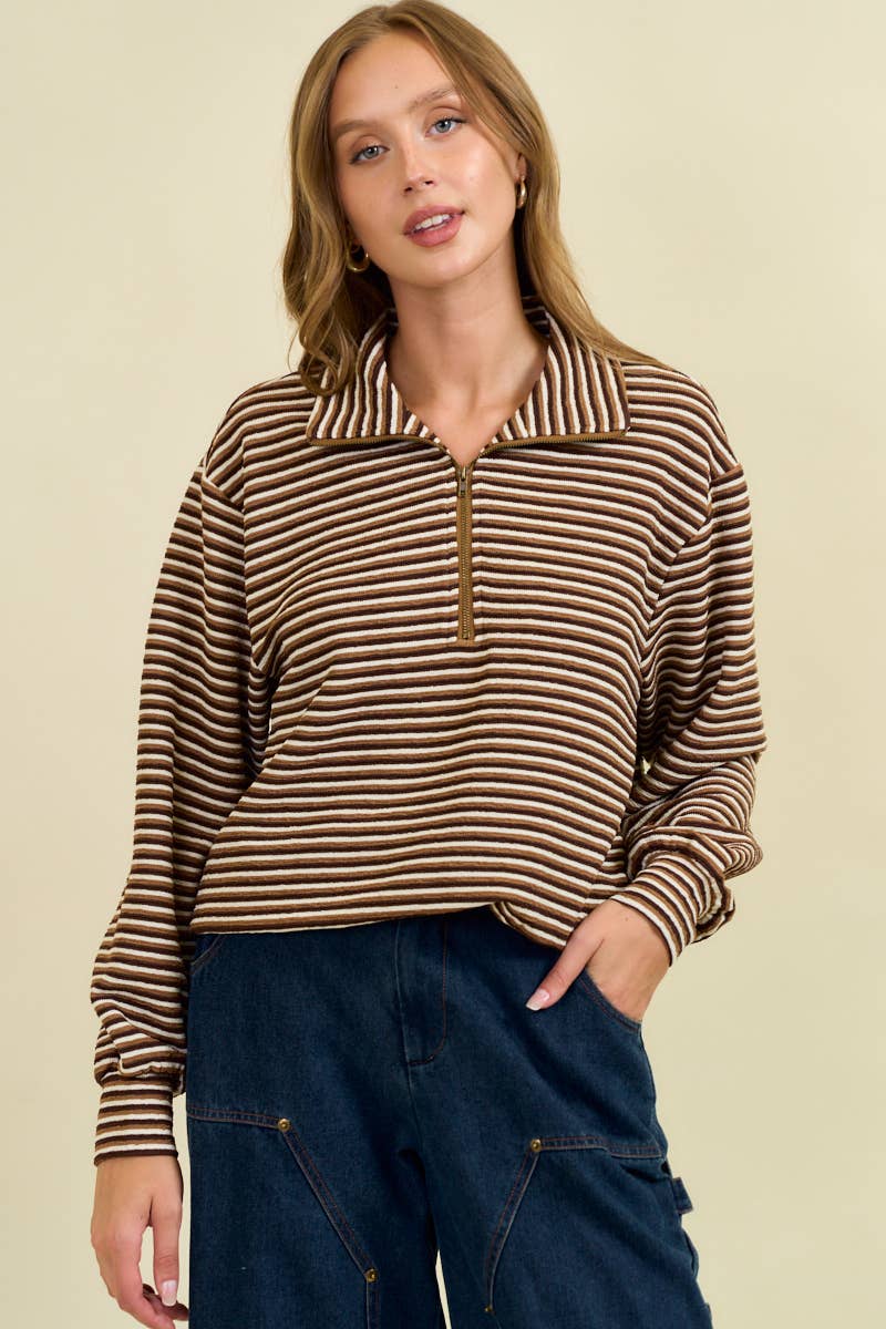 Brown MULTISTRIPE KNIT BUBBLE HEM HALF ZIP TURTLE NECK - 45249T for wholesale on Faire