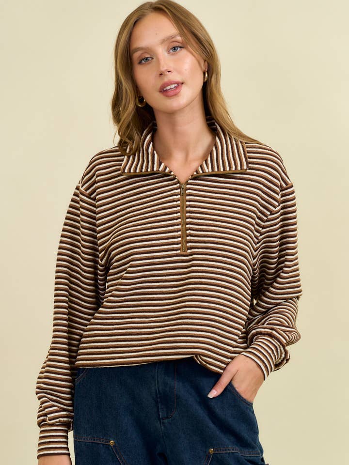 Brown MULTISTRIPE KNIT BUBBLE HEM HALF ZIP TURTLE NECK - 45249T for wholesale on Faire0