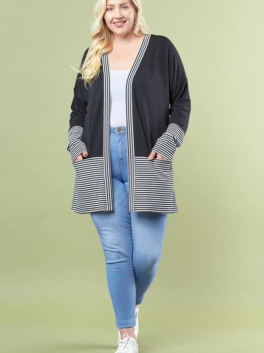 Striped Contrast Open Cardigan With Hidden Pocket - 9933JPL for wholesale by Doe and Rae